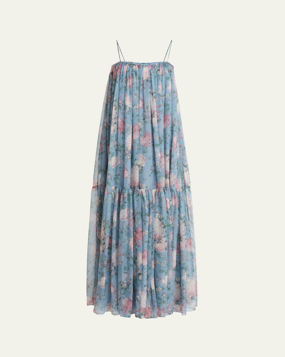 Long Floral Print Tiered Silk Dress